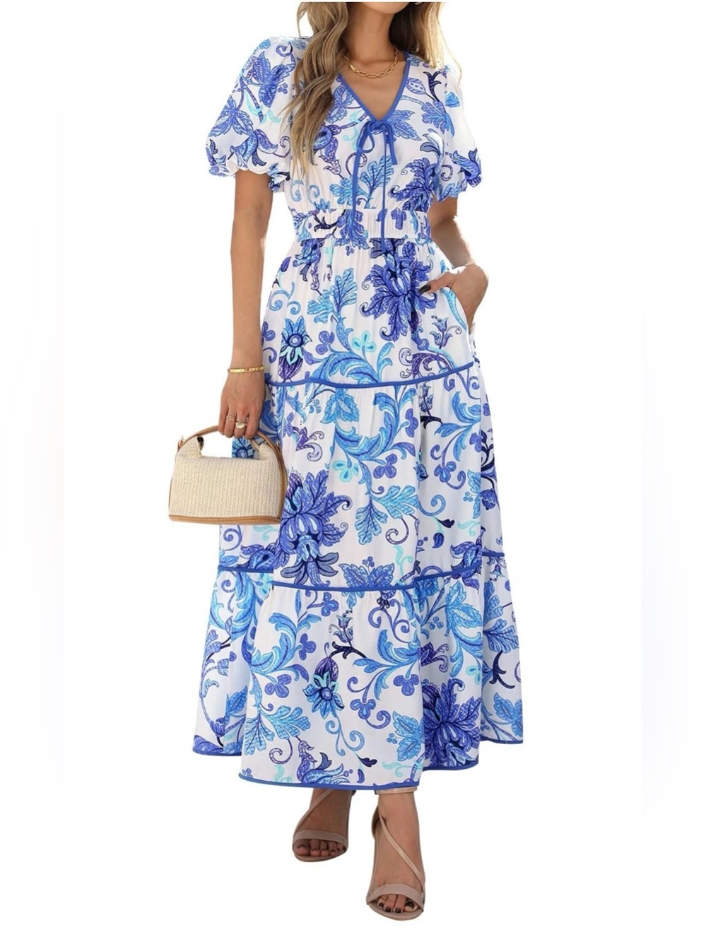 🎒Pretty Garden White & Blue Floral V-Neck Tiered Midi Dress size L GUC - Picture 3 of 15